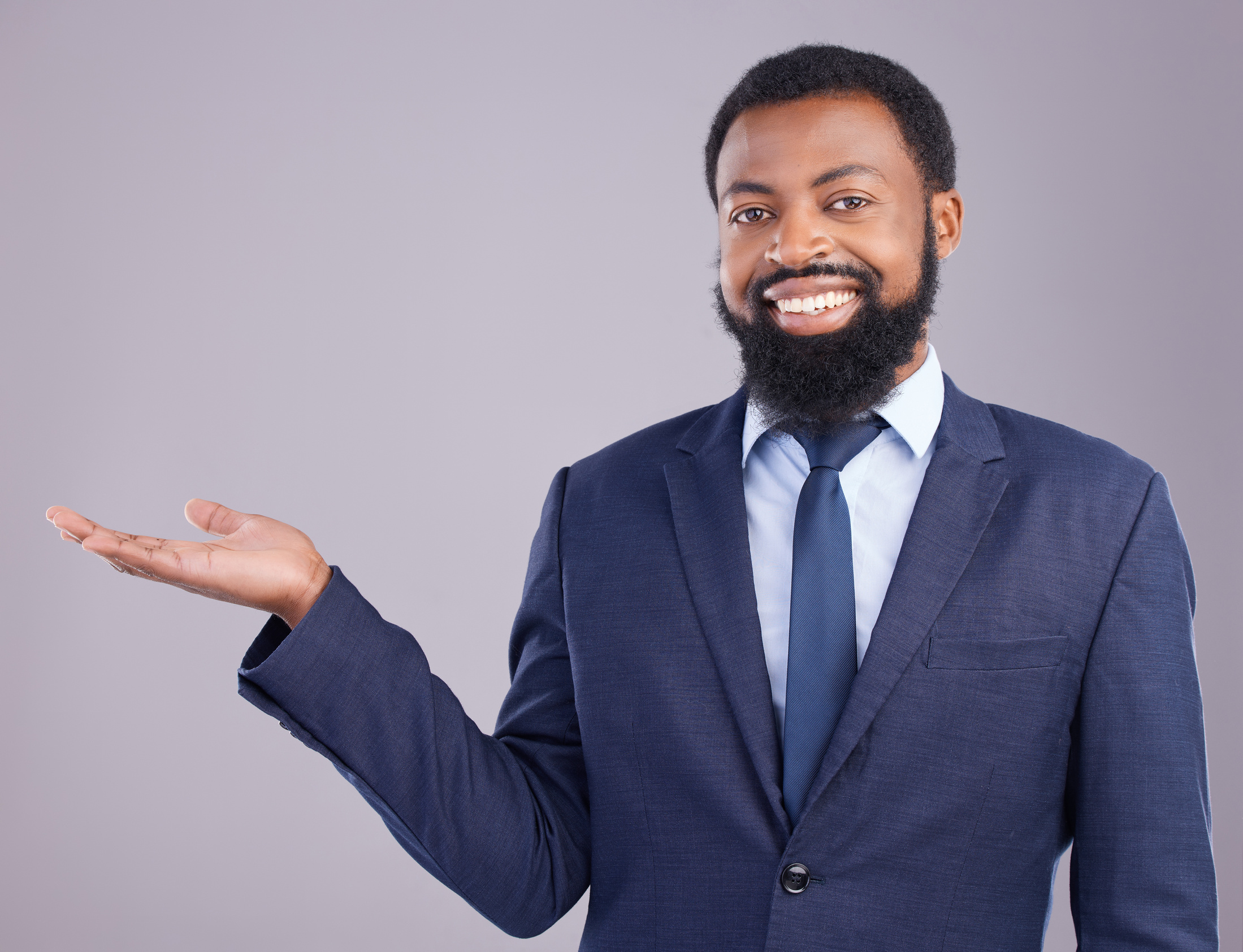 Portrait, Black Man and Product Placement for Business in Studio Isolated on a Gray Background. Marketing, Mockup and Smile of Happy African Professional with Branding, Advertising or Mock up Space.